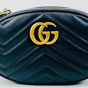 Authentic GUCCI Marmont Matelesse Black Leather Interlocking GG Oval Belt Bag.